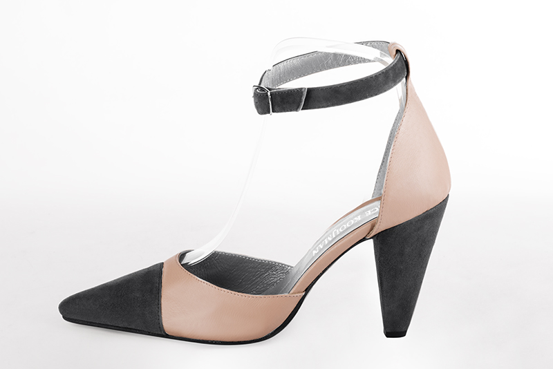Dark grey and powder pink women's open side shoes, with a strap around the ankle. Tapered toe. Very high cone heels. Profile view - Florence KOOIJMAN